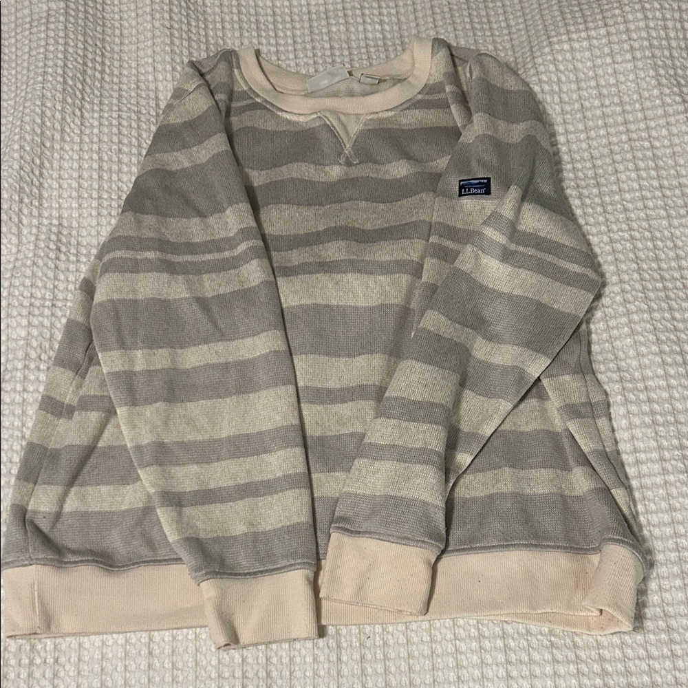L.L. Bean Striped Crewneck Sweater in Gray and Cream